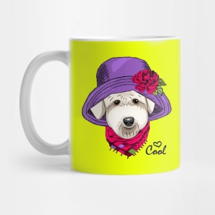 Dog with violet hat, flower and pink scarf Mug